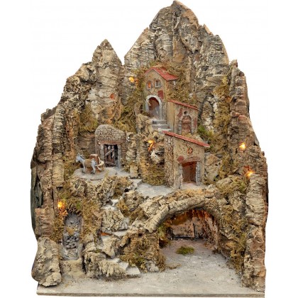 PRESEPE ARTIGIANALE IN LEGNO E SUGHERO CON LUCI MACINA E RUSCELLO L53XP55XH65CM