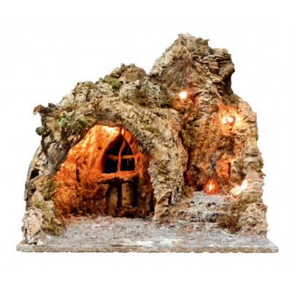 GROTTA ARTIGIANALE CON EFFETTO FUOCO E CON LUCI MISURE L50XP45XH45CM ADATTA A STATUINE DI ALTEZZA PARI A 12CM